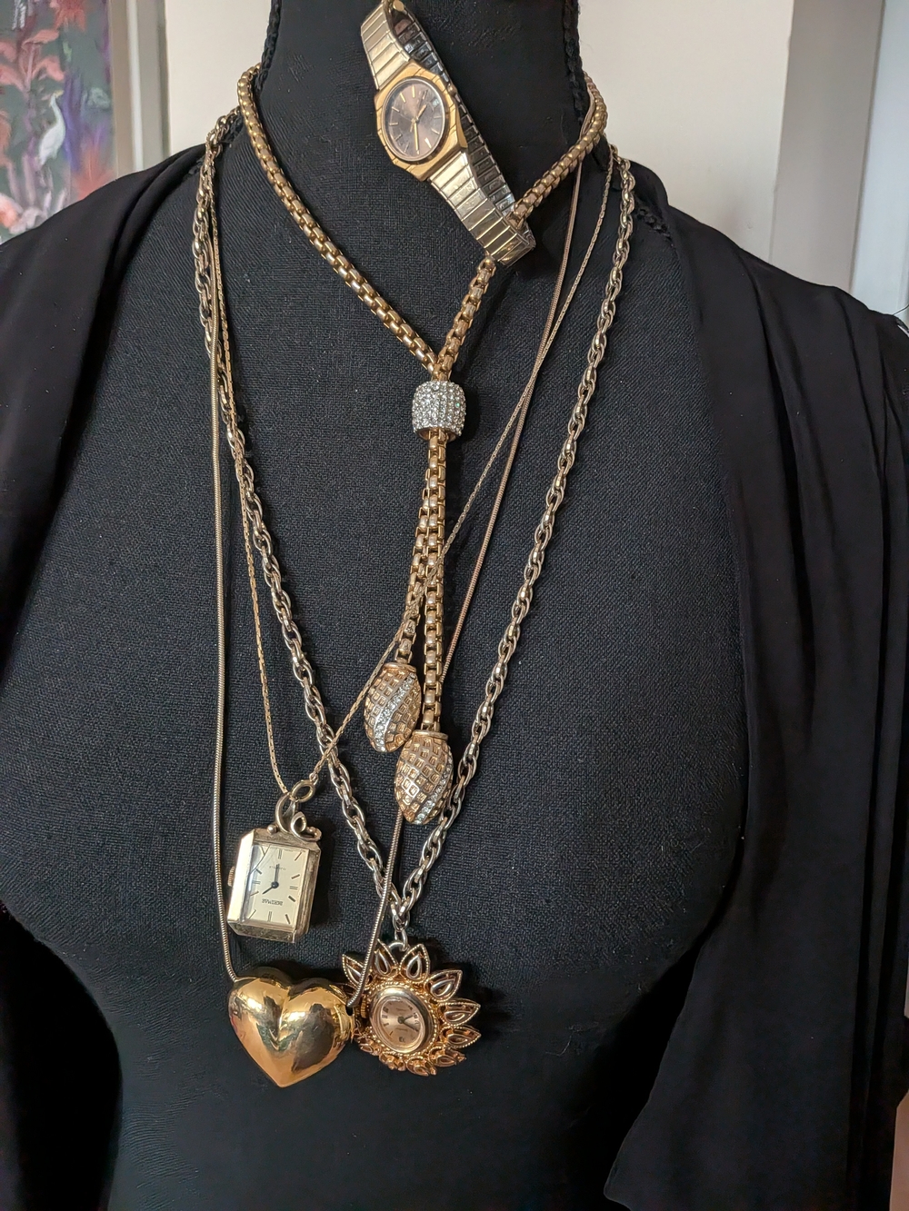 Vintage Gold Tone Layered Heart Watch Pendant Necklace Set - INTERESTED